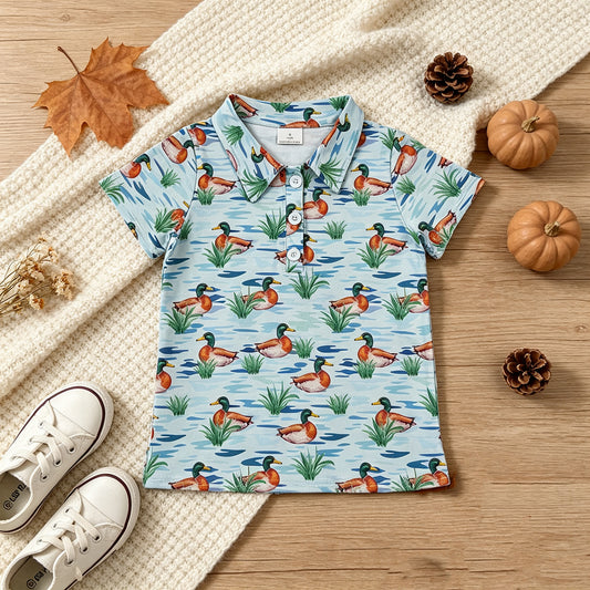 NEW RTS NO MOQ milk silk BT1381 Baby Boys Short Sleeve Ducks Hunting Button Polo Shirts Top