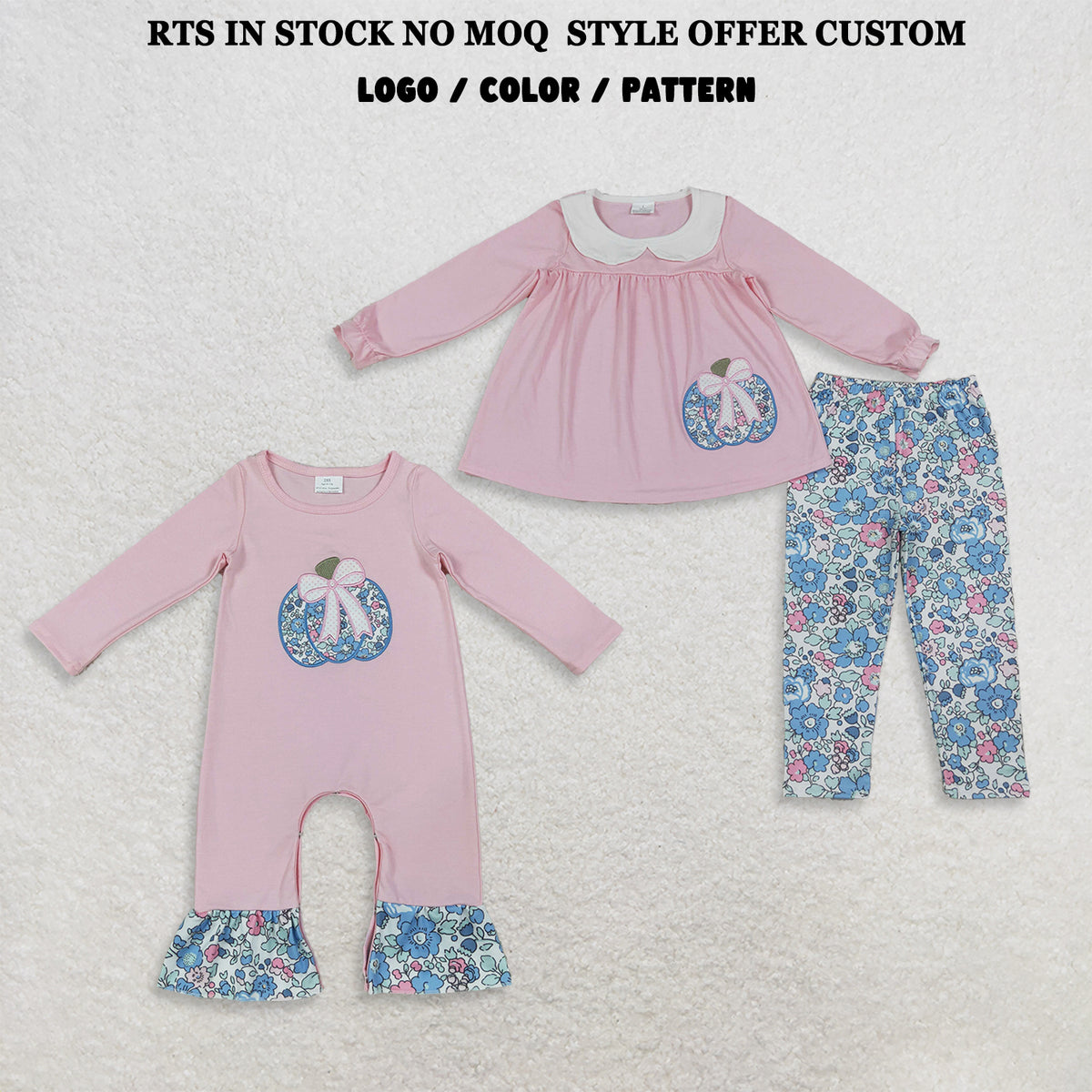 RTS NO MOQ Sibling milk silk Baby Girls Embroidery Bow Flowers Pumpkins Fall Clothes Set Ruffle Pant Rompers