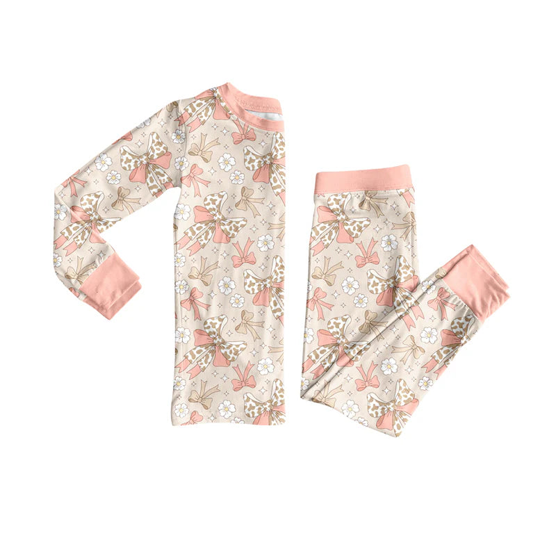 8.9Preorder (moq 5)Baby Girls Peach Camo Bows Flowers Plaid Top Pant Pajamas Set