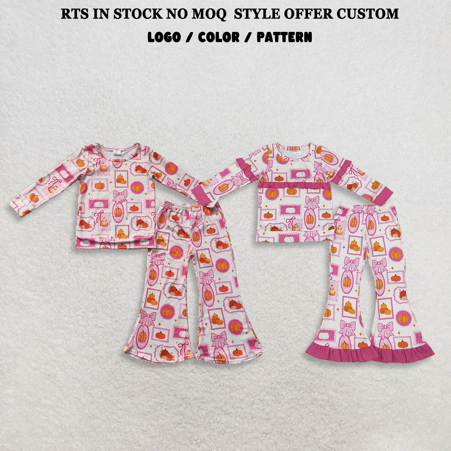 RTS NO MOQ Sibling milk silk Baby Girls Bows Pumpkins Checked Top Flare Pant Fall Clothes Sets