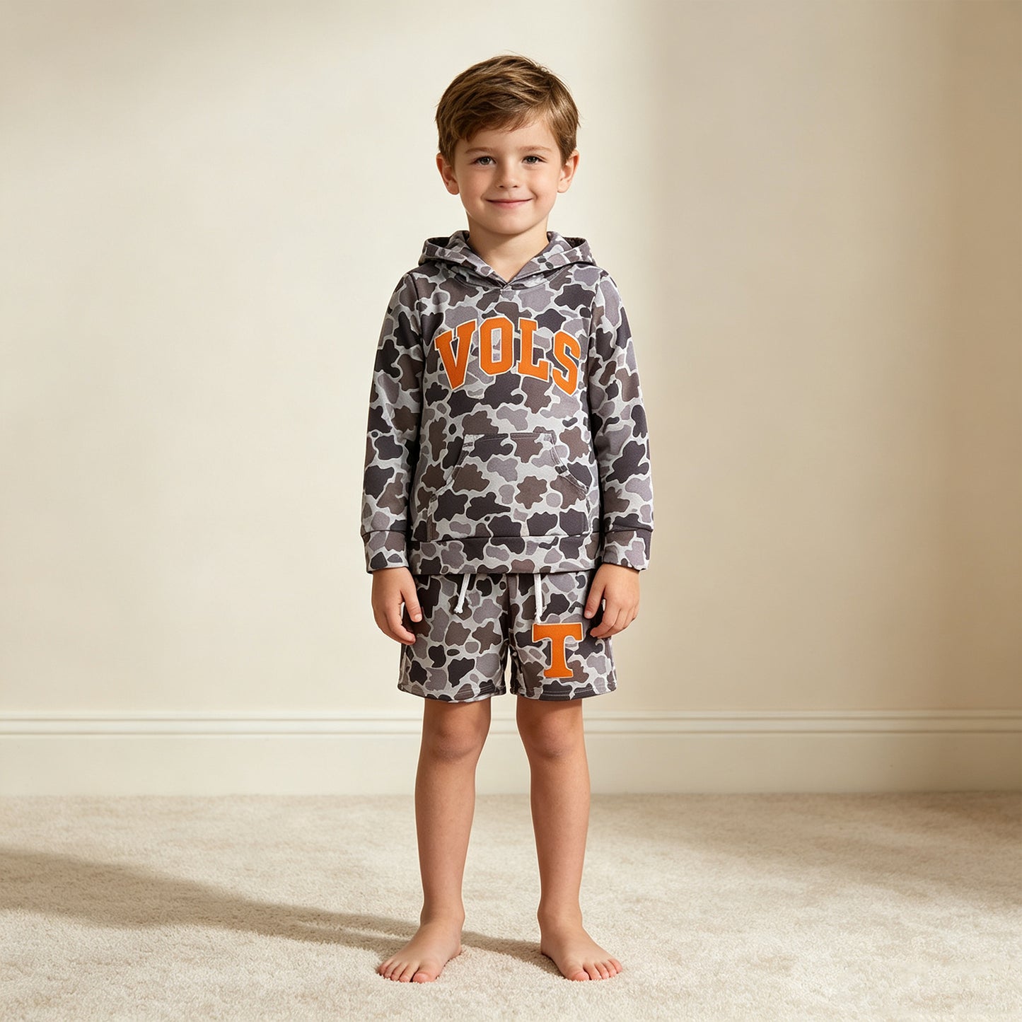 NEW RTS NO MOQ milk silk BLS0049 Baby Boys Grey Camo Vols Long Sleeve Hoodie Pockets Short Team Clothes Set