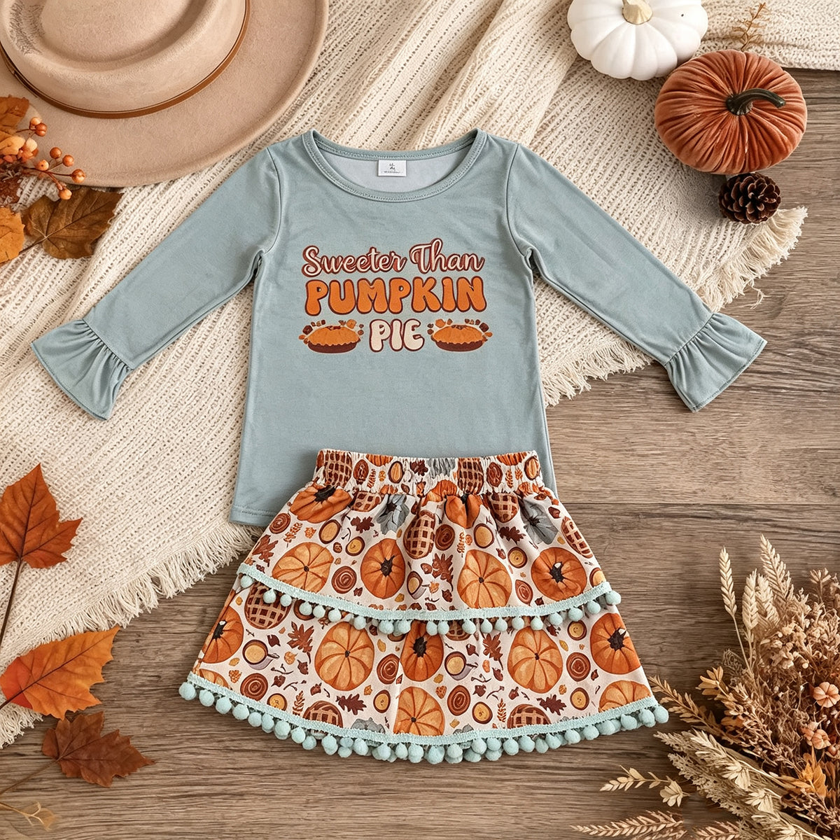 NEW RTS NO MOQ milk silk GLD0763 Baby Girls Sweeter Than Pumpkins Pie Top Skirt Short Thanksgivings Clothes Set