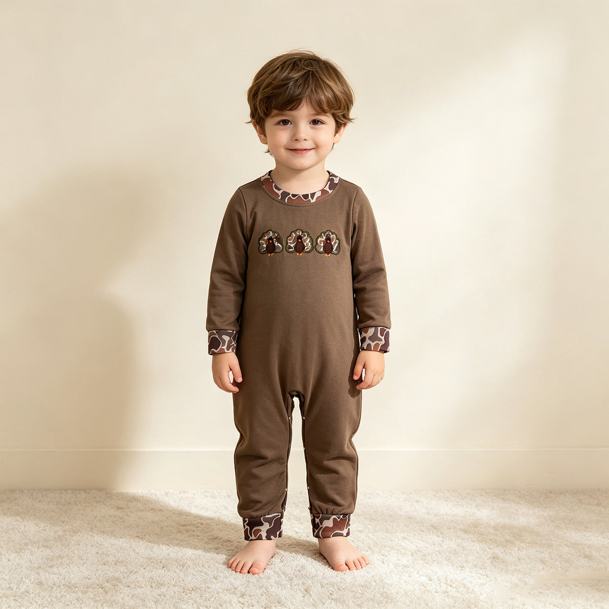 NEW RTS NO MOQ milk silk LR3108 Embroidery Turkey Baby Boys Brown Camo Thanksgiving Pant Rompers