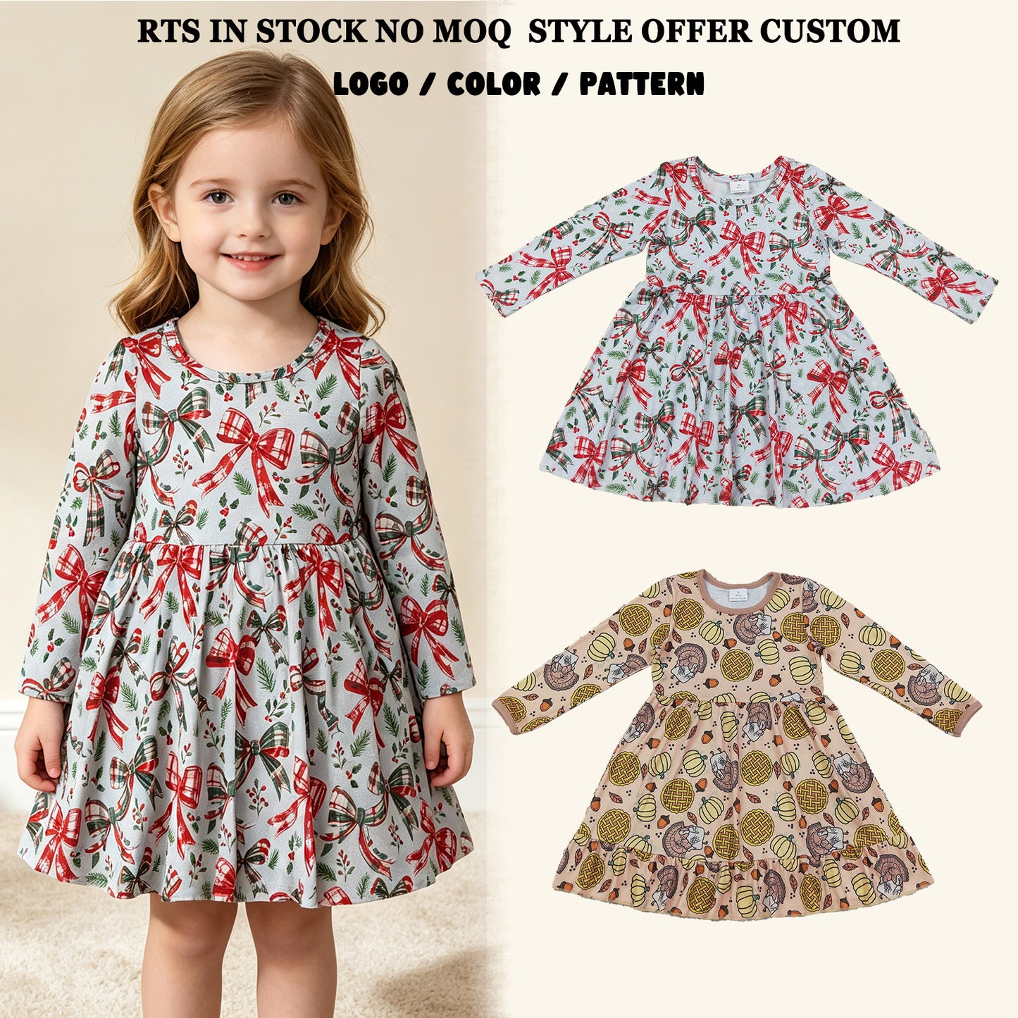 RTS NO MOQ Sibling milk silk Baby Girls Thanksgivings christmas Ruffle Knee Length Dress
