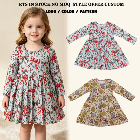 RTS NO MOQ Sibling milk silk Baby Girls Thanksgivings christmas Ruffle Knee Length Dress