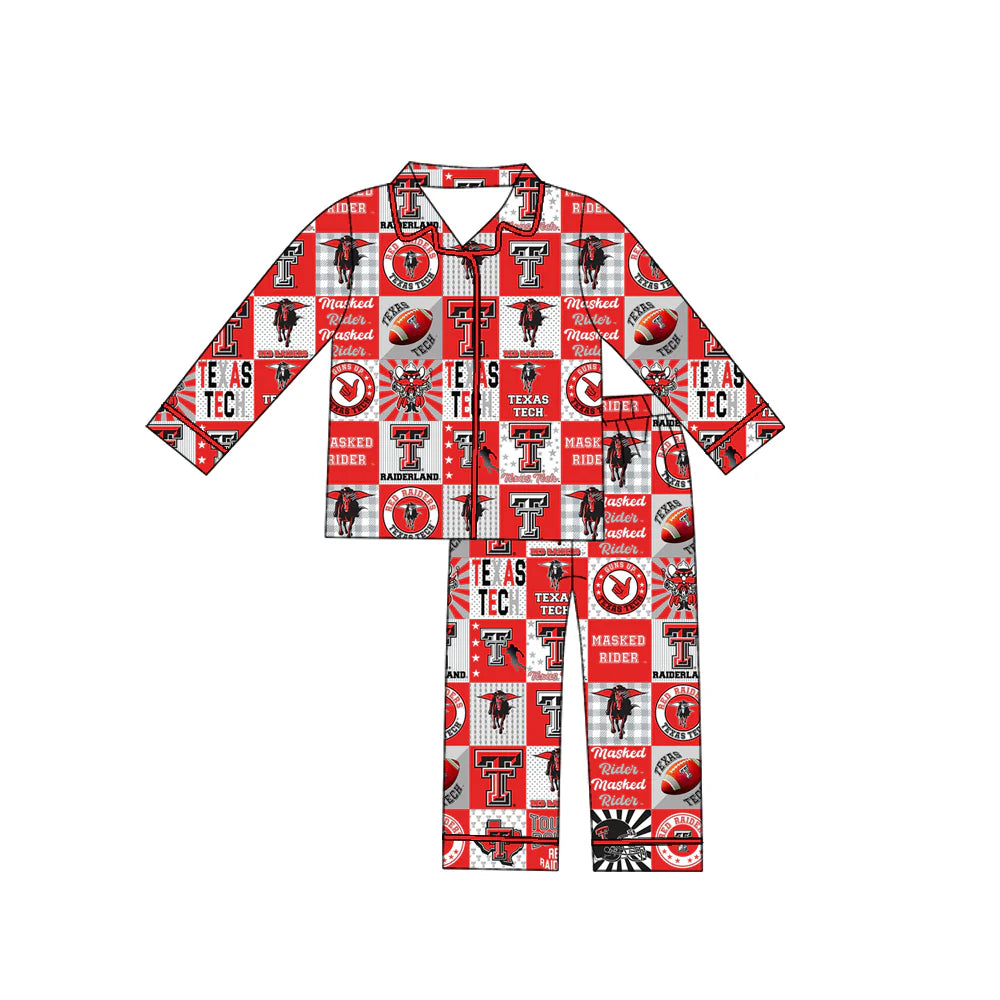 X903Preorder moq 5 Baby Boys Texas Tech Team Buttons Top Pants Pajamas Clothes Sets