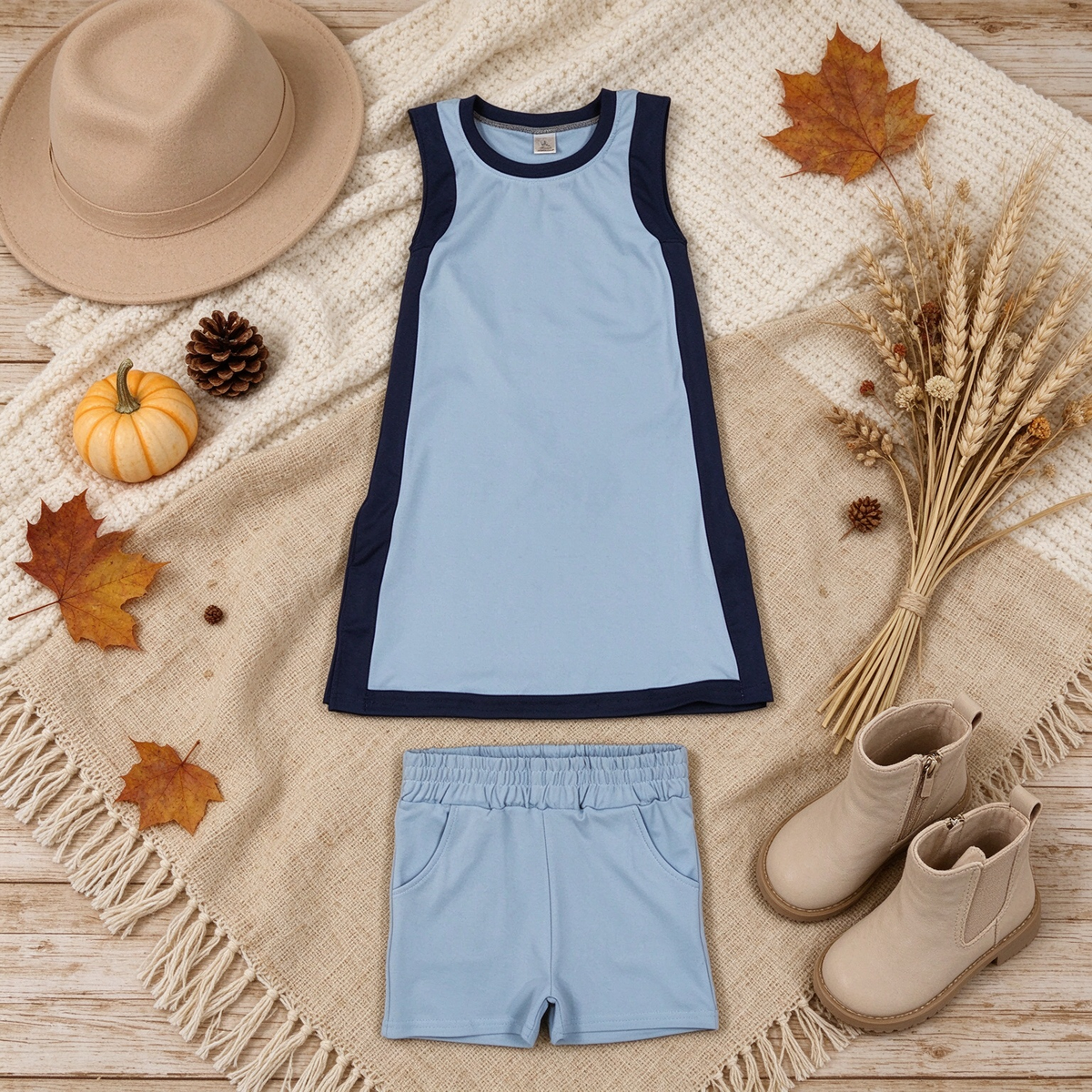 NEW RTS NO MOQ yoga fabric cotton GSSO3847（GSD4256+SS0961）Yoga Separate Shorts Baby Girls Light Blue Sleeveless Top Split Hem Short Yoga Skirt Active Clothes Set
