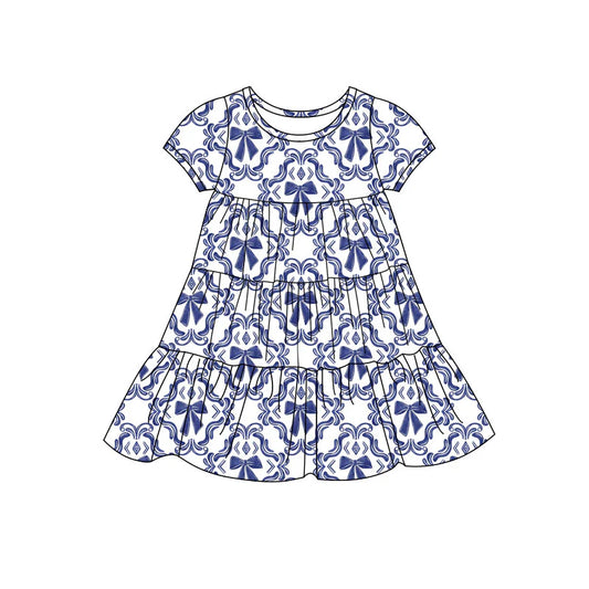 X11.20Preorder(moq 5) Baby Girls Navy Bows Checked Patchwork Ruffle Knee Length Dresses