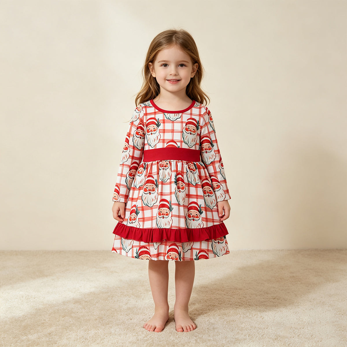 NEW RTS NO MOQ milk silk GLD1710 Baby Girls Red Checked Santa Ruffle Christmas Knee Length Dress