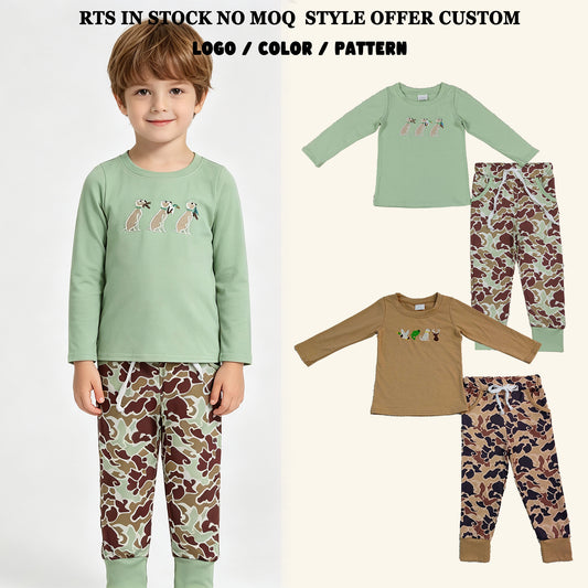 RTS NO MOQ Sibling milk silk Embroidery Baby Boys Top Camo Pockets Jogger Hunting Clothes Sets