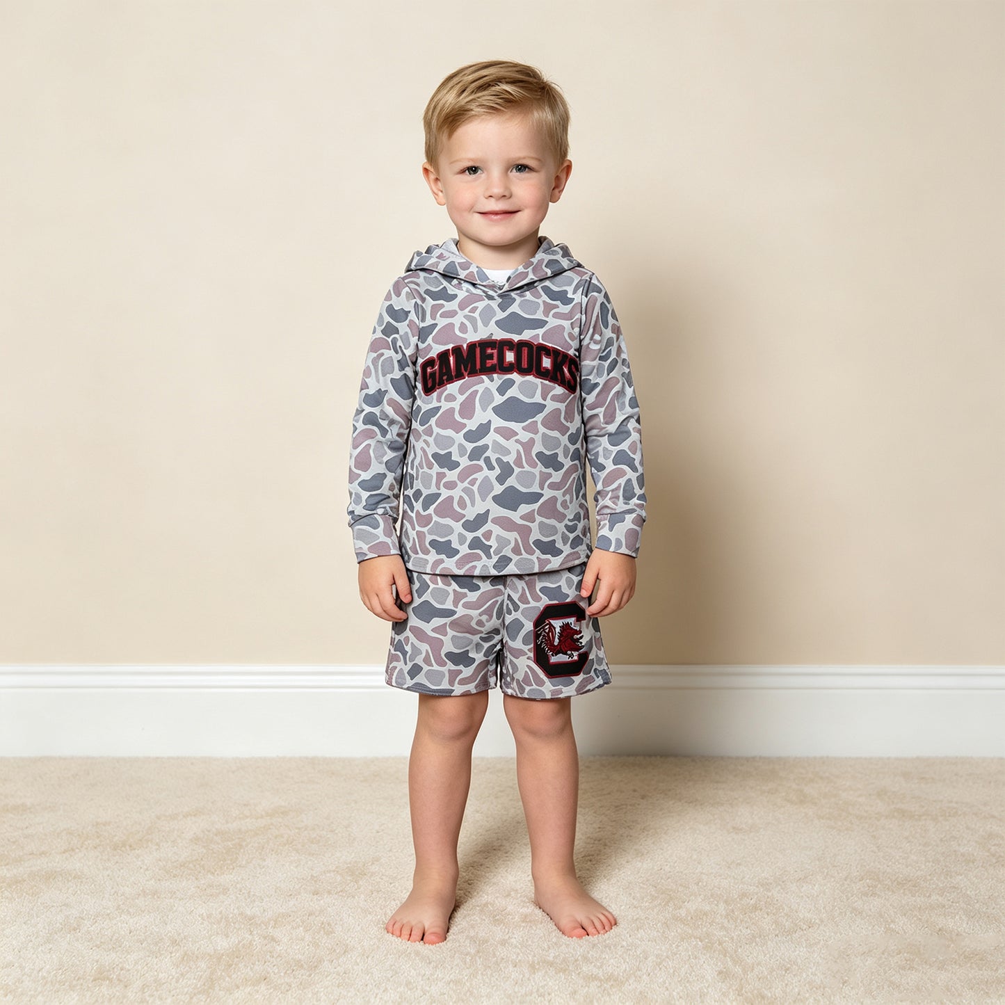 NEW RTS NO MOQ milk silk BLS0048 Baby Boys Light Grey Camo Gamecocks Long Sleeve Hoodie Pockets Short Team Clothes Set