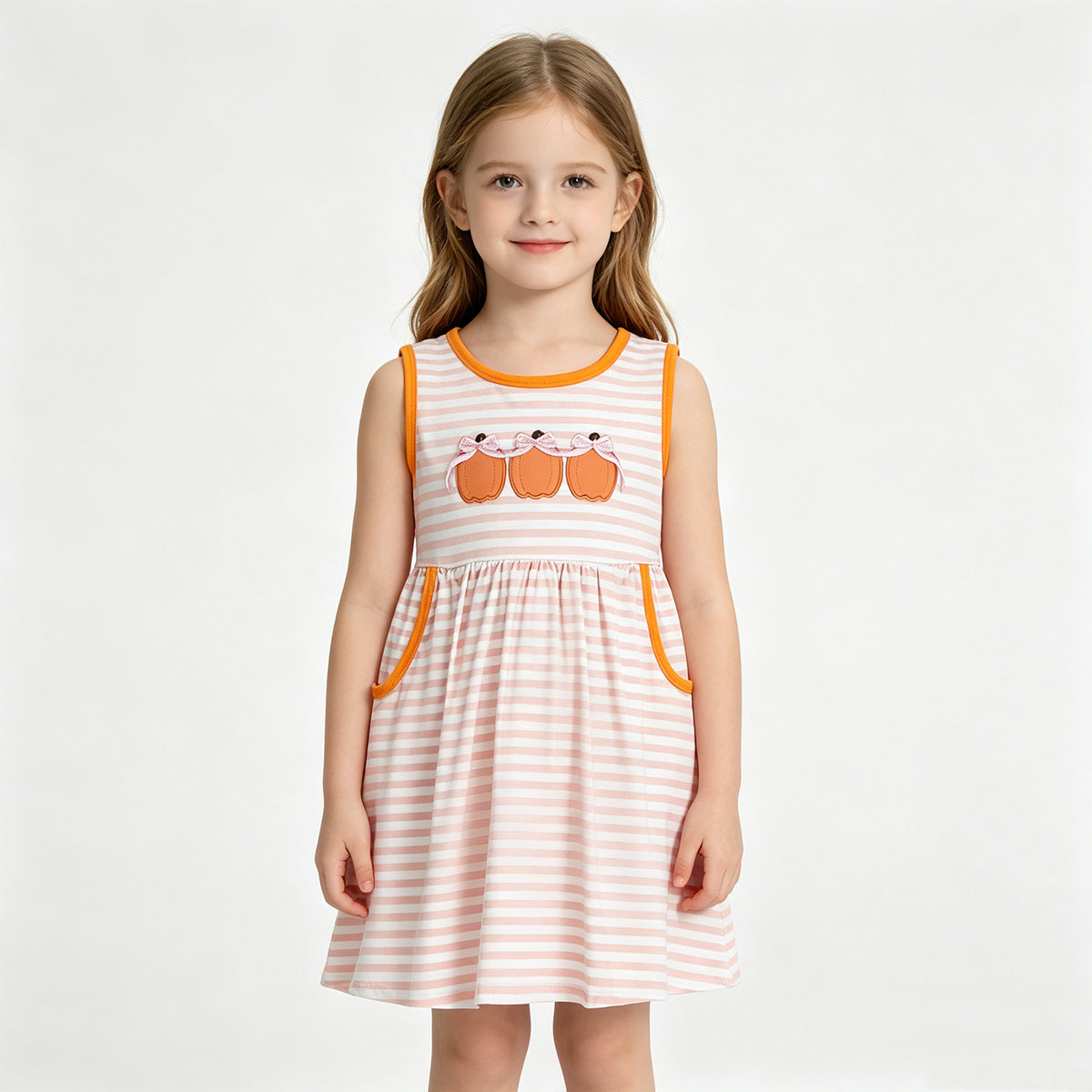 NEW RTS NO MOQ milk silk GSD4265 Embroidery Bow Pumpkins Baby Girls Pink Stripe Pockets Fall Knee Length Dress