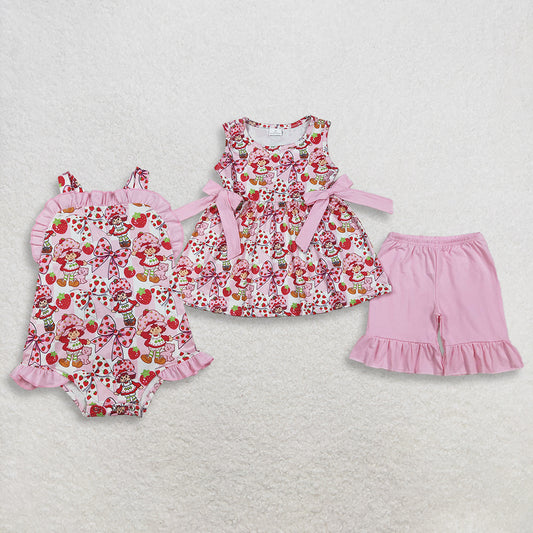 3.31 Sibling Baby Strawberry Girls Bows Tunic Ruffle Short Clothes Set Back Bow Rompers