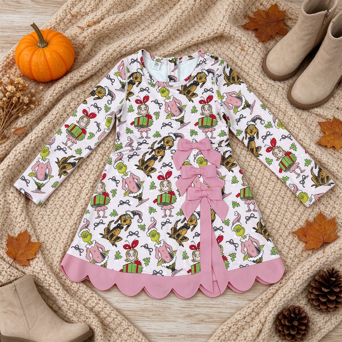 NEW RTS NO MOQ yoga fabric GLD1656 Baby Girls Frogs Gifts Christmas Yoga Active Short Bows Scallop Knee Length Dress