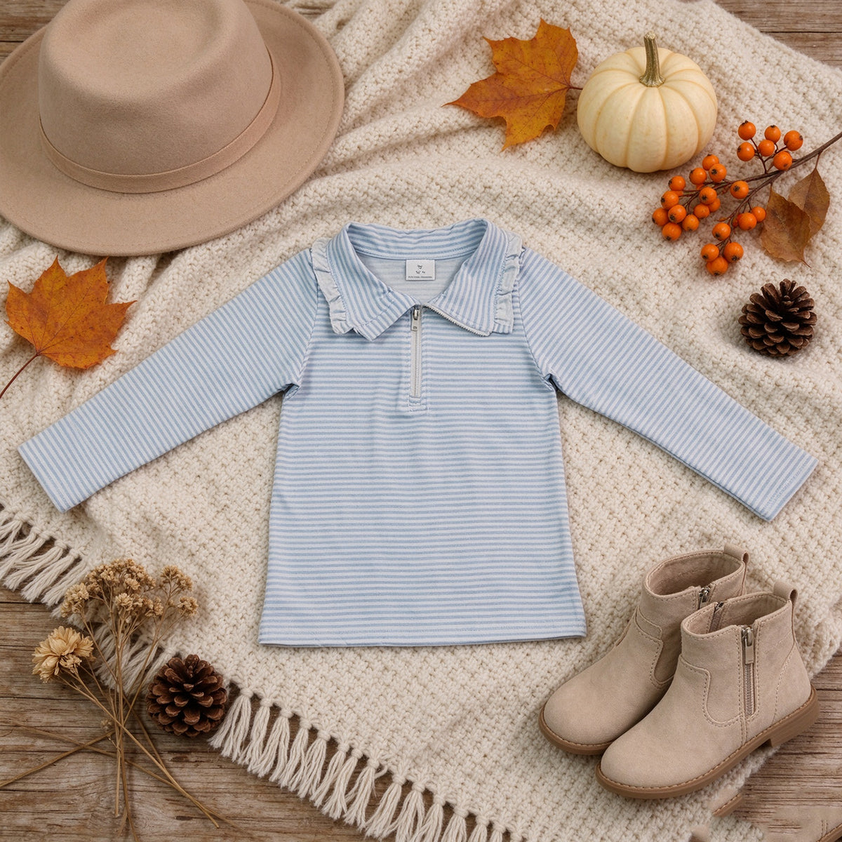 NEW RTS NO MOQ milk silk GT1755 Baby Girls Long Sleeve Light Blue Stripe Zip Ruffle Pullovers Top