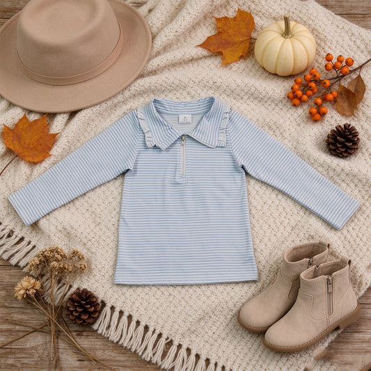 NEW RTS NO MOQ milk silk GT1755 Baby Girls Long Sleeve Light Blue Stripe Zip Ruffle Pullovers Top