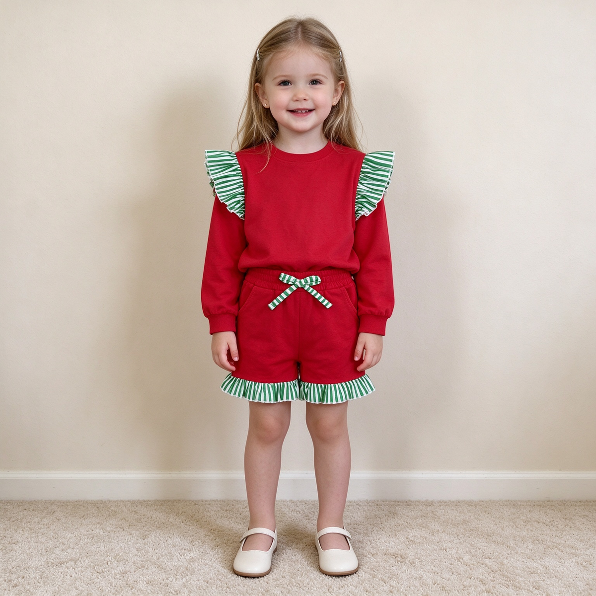 NEW RTS NO MOQ milk silk GLS0217（GT1844+SS0997）Baby Girls Stripe Flutter Sleeve Red Top Pockets Ruffle Short Clothes Set