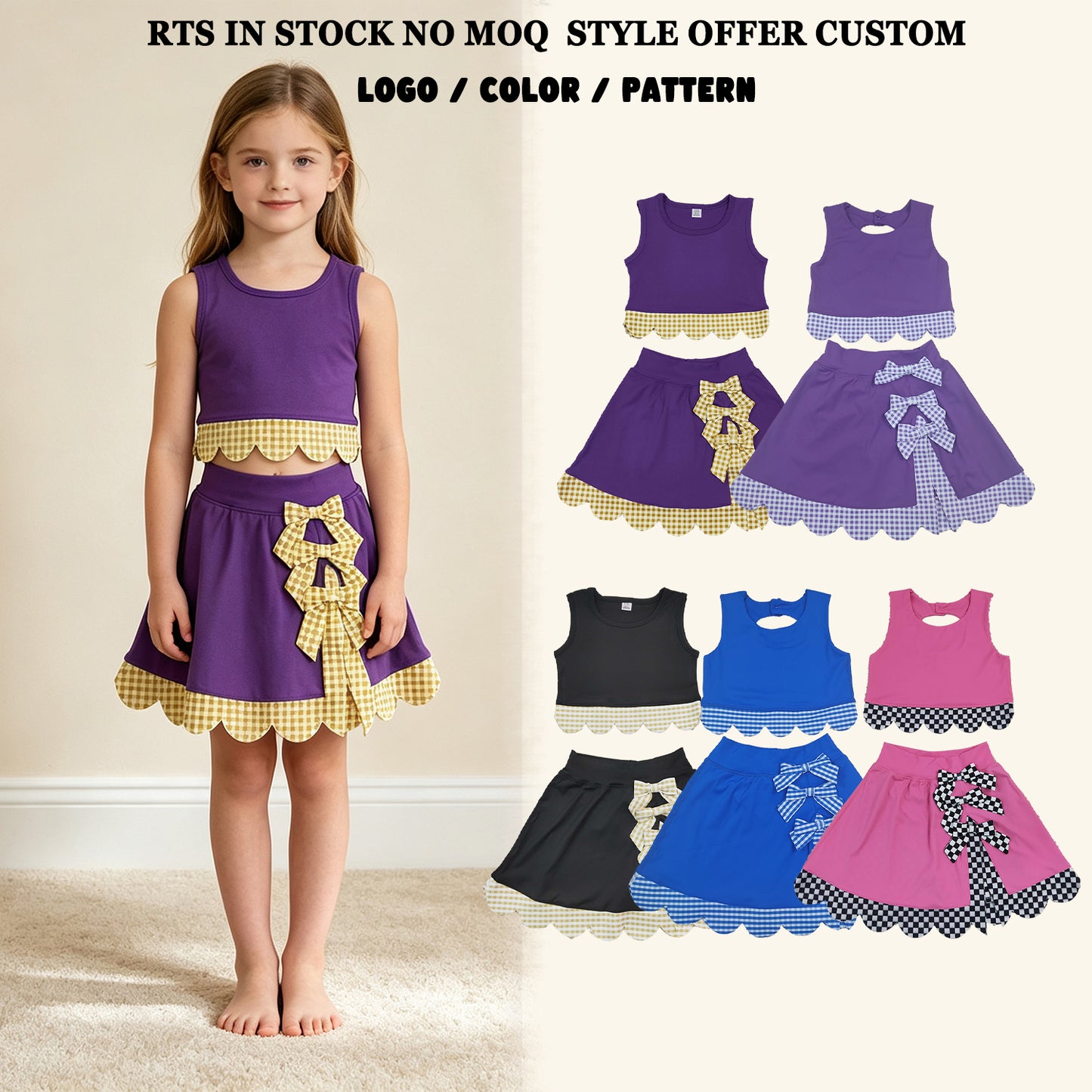 RTS NO MOQ Sibling yoga Baby Girls Solid Vest Bows Skirt Short Yoga Active Scallop Clothes Set
