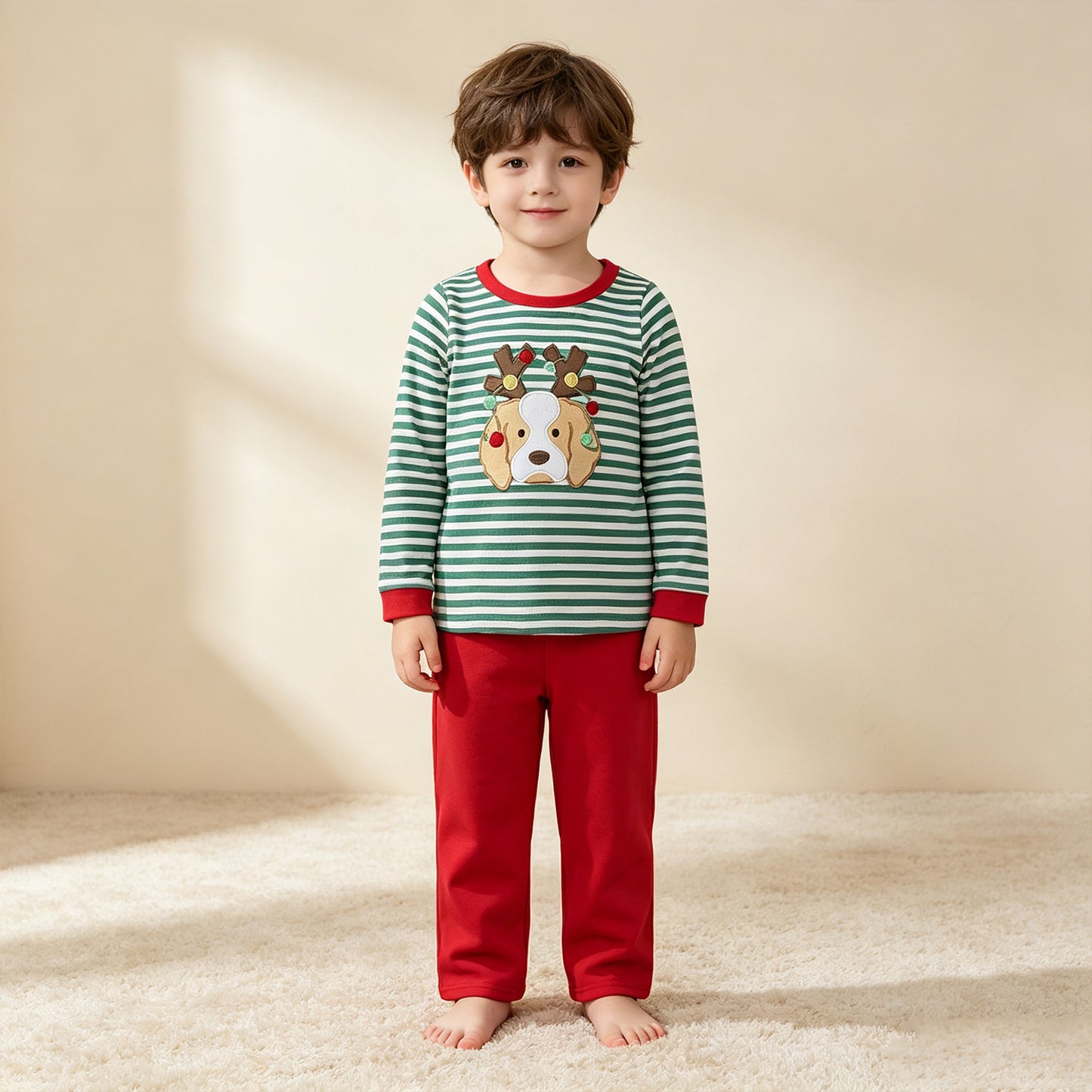 NEW RTS NO MOQ milk silk BLP1502 Embroidery Lights Dogs Baby Boys Green Stripe Top Pants Christmas Clothes Sets