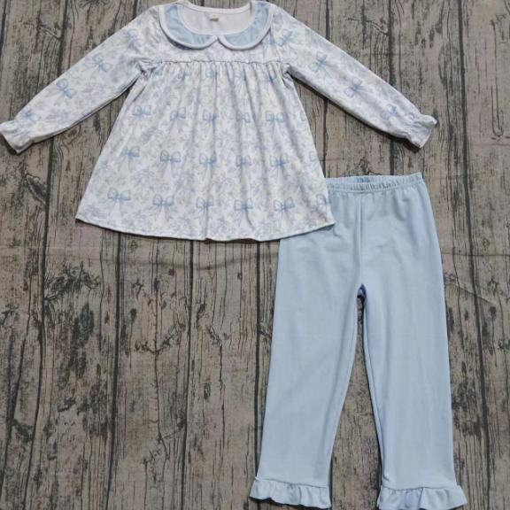 X923Preorder (moq 5)Baby Girls Blue Bows Floral Tunic Ruffle Legging Clothes Sets