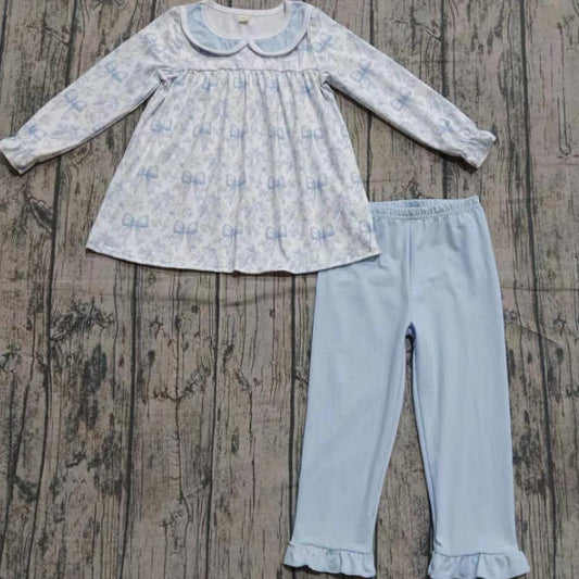 X923Preorder (moq 5)Baby Girls Blue Bows Floral Tunic Ruffle Legging Clothes Sets