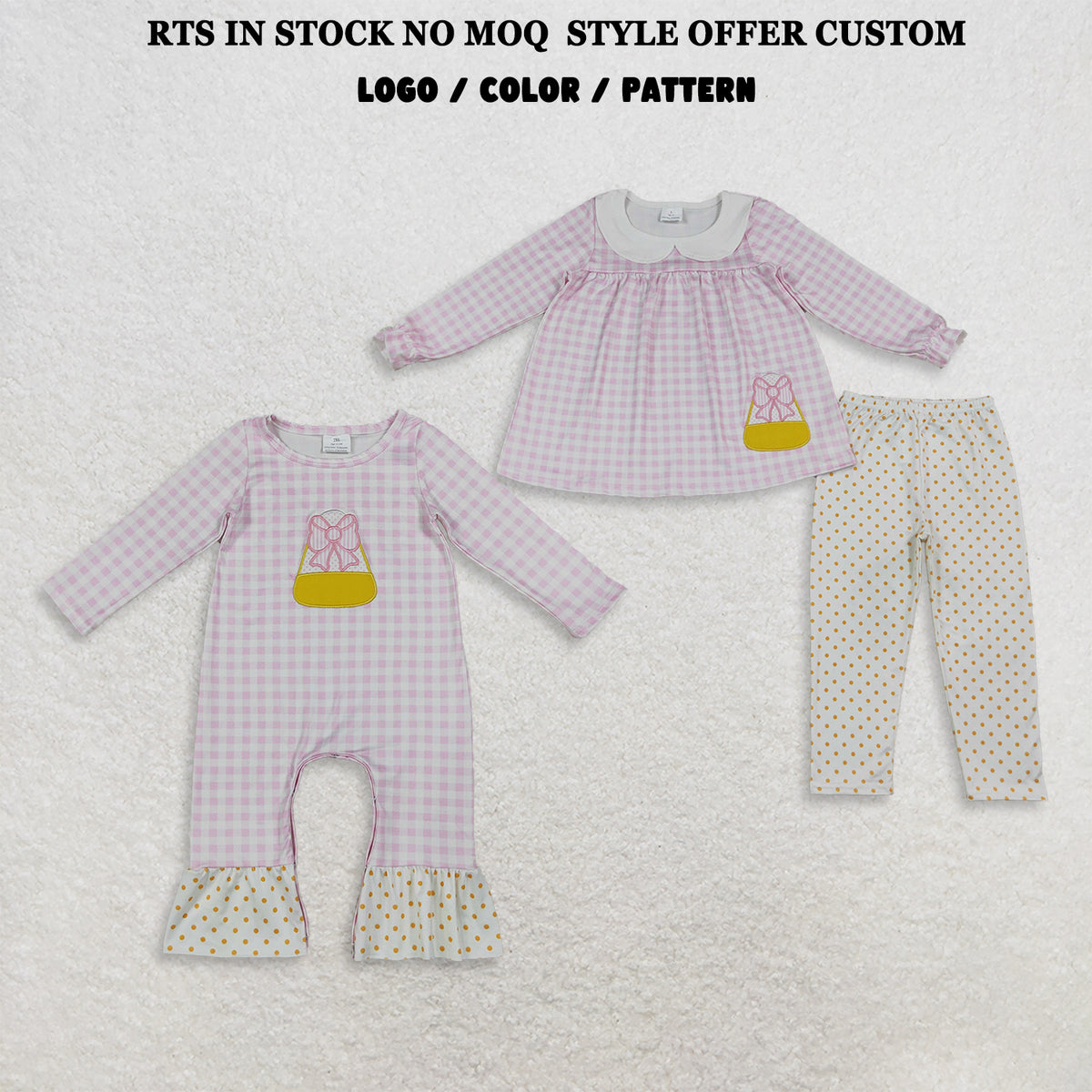 RTS NO MOQ Sibling milk silk Sibling Baby Girls Embroidery Bow Candy Pink Checked Thanksgivings Clothes Set Rompers
