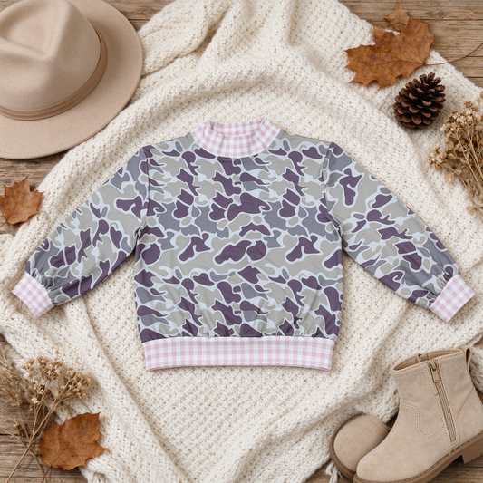 NEW RTS NO MOQ milk silk GT1873 Baby Girls Long Sleeve Southern Grey Camo Pink Checked T-shirts Top