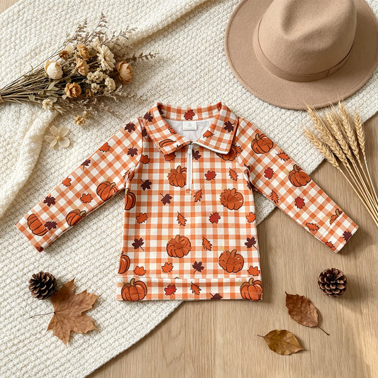 NEW RTS NO MOQ milk silk BT1895 Baby Boys Long Sleeve Leaves Pumpkins Checked Fall Zip Pullovers Top