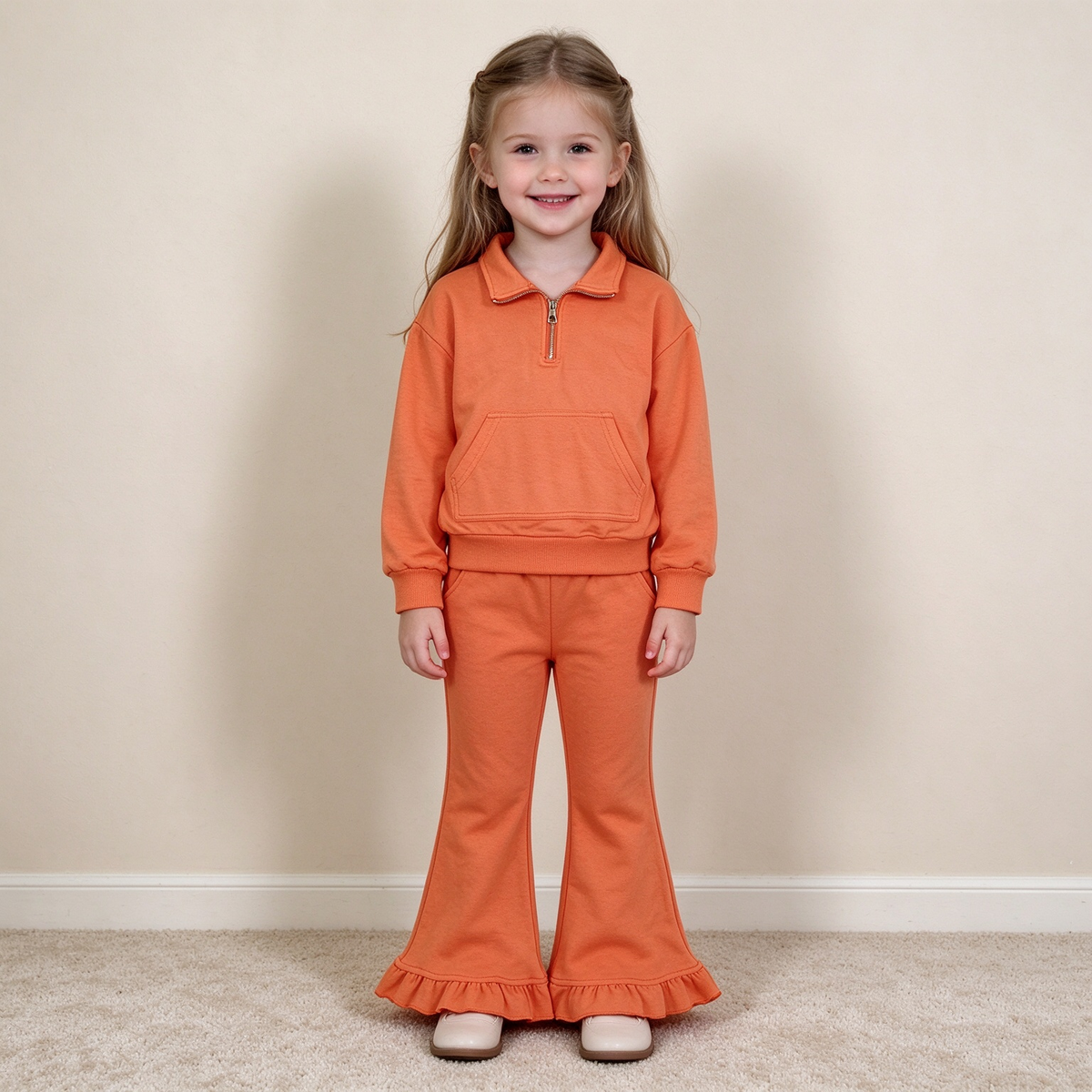 NEW RTS NO MOQ Sweater Fabric （GT1765+P1073） Baby Girls Orange Long Sleeve Sweater Fabric Zip Pockets Pullovers Top pant set（副本）