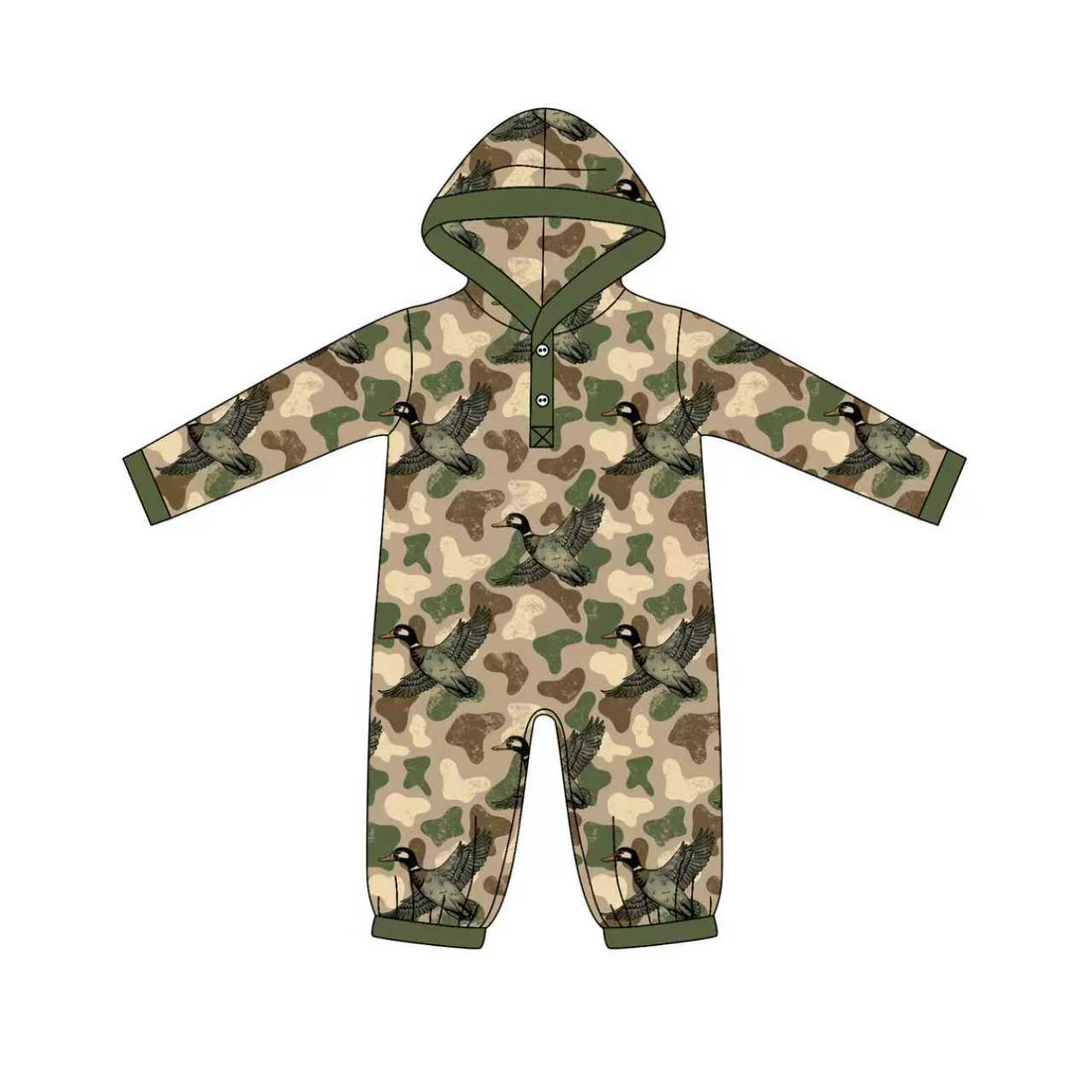 X904Preorder(moq 5)Baby Boys Green Camo Ducks Button Western Hoodie Footie Rompers