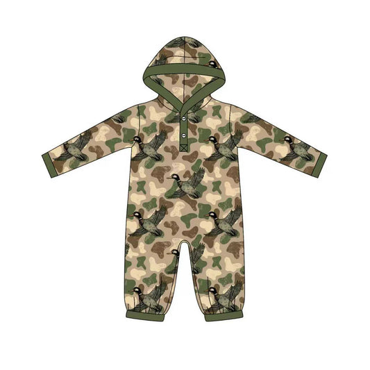 X904Preorder(moq 5)Baby Boys Green Camo Ducks Button Western Hoodie Footie Rompers