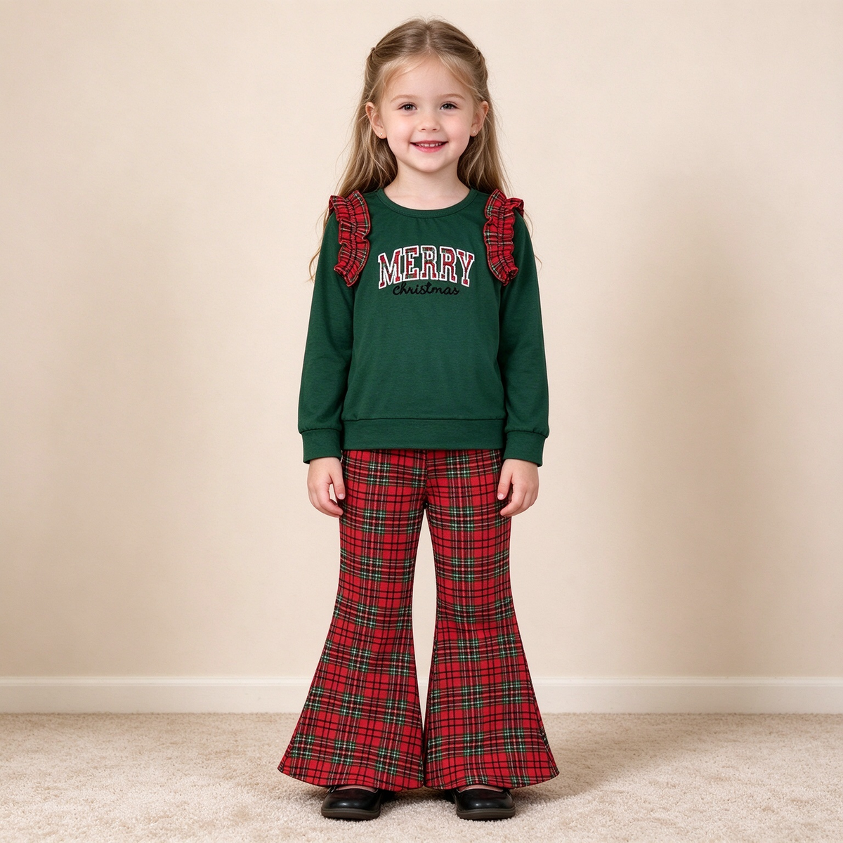 NEW RTS NO MOQ milk silk GLP3595 Embroidery Merry Baby Girls Green Red Checked Top Flare Pant Christmas Clothes Sets