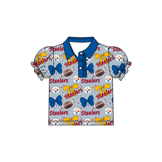 7.30Preorder(moq 5)Baby Girls Steelers Bows Team Short Sleeve Tee Pullovers Polo Shirts Tops
