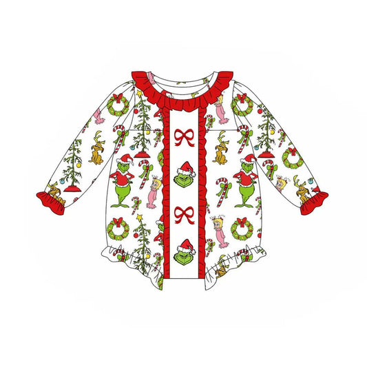 X904Preorder(moq 5)Baby Girls Green Face Candy Cane Christmas Ruffle Rompers