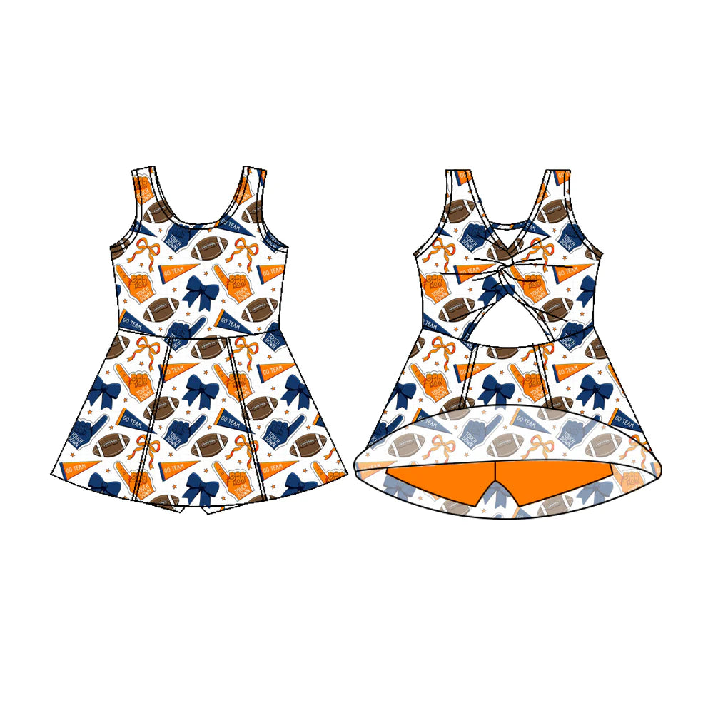 7.22Preorder (moq 5)Baby Girls Sleeveless Orange Blue Bows Footballs Shorts Team Knee Length Dress