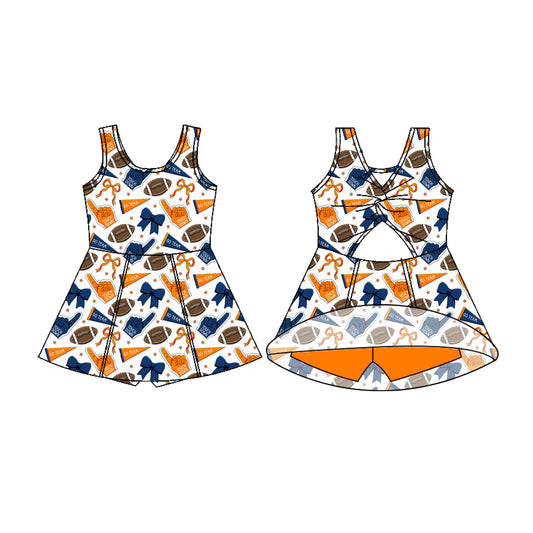 7.22Preorder (moq 5)Baby Girls Sleeveless Orange Blue Bows Footballs Shorts Team Knee Length Dress
