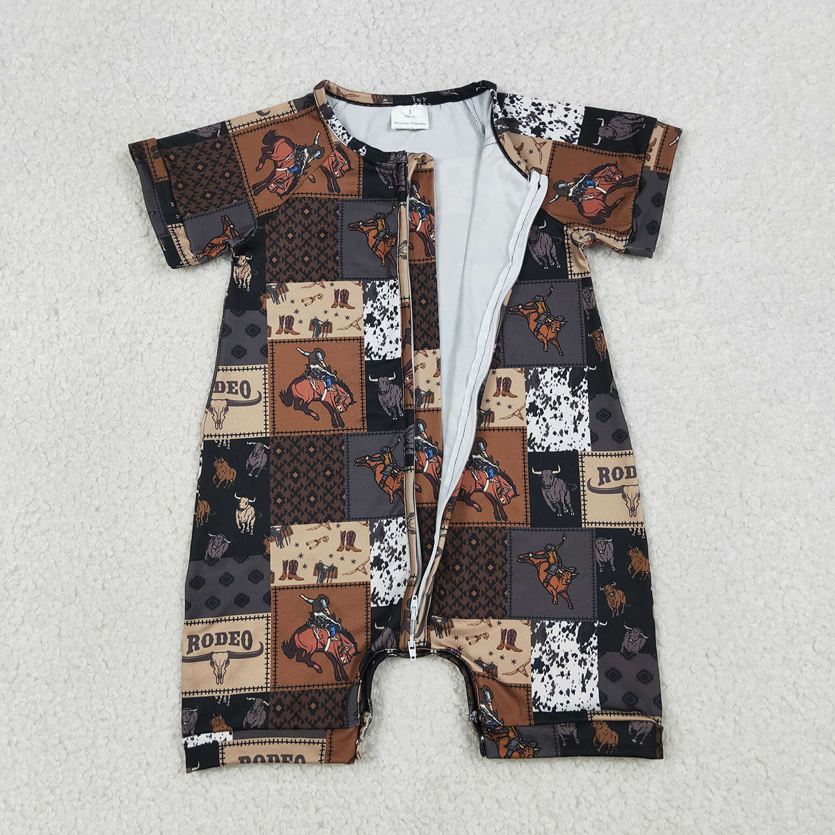 SR3545 Baby Boys Horse Rodeos Aztec Checked Western Zipper Rompers