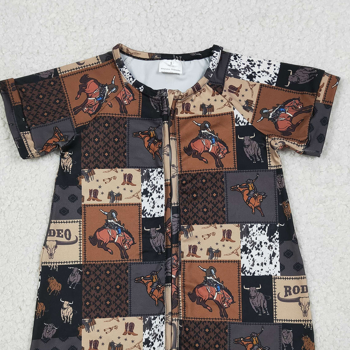 SR3545 Baby Boys Horse Rodeos Aztec Checked Western Zipper Rompers