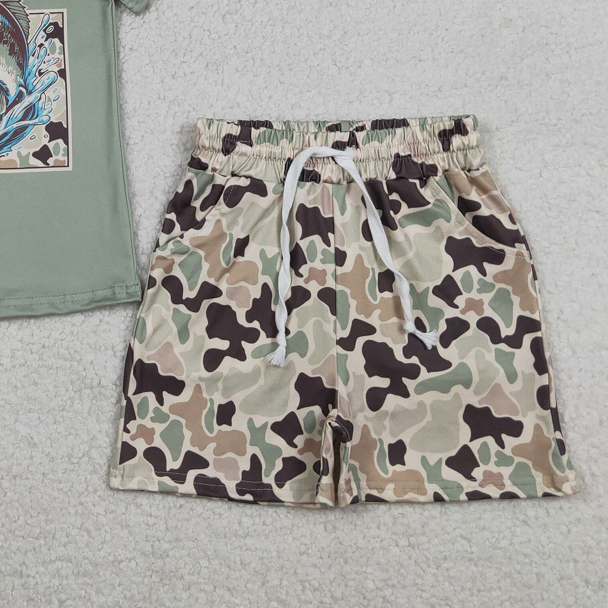 3.30 BSSO1835 Baby Boys Green Camo Fishing Top Pockets Shorts Hunting Clothes Sets