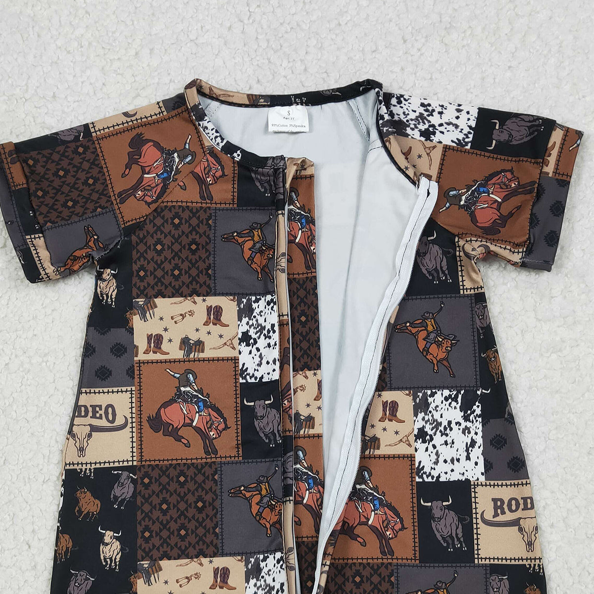 SR3545 Baby Boys Horse Rodeos Aztec Checked Western Zipper Rompers