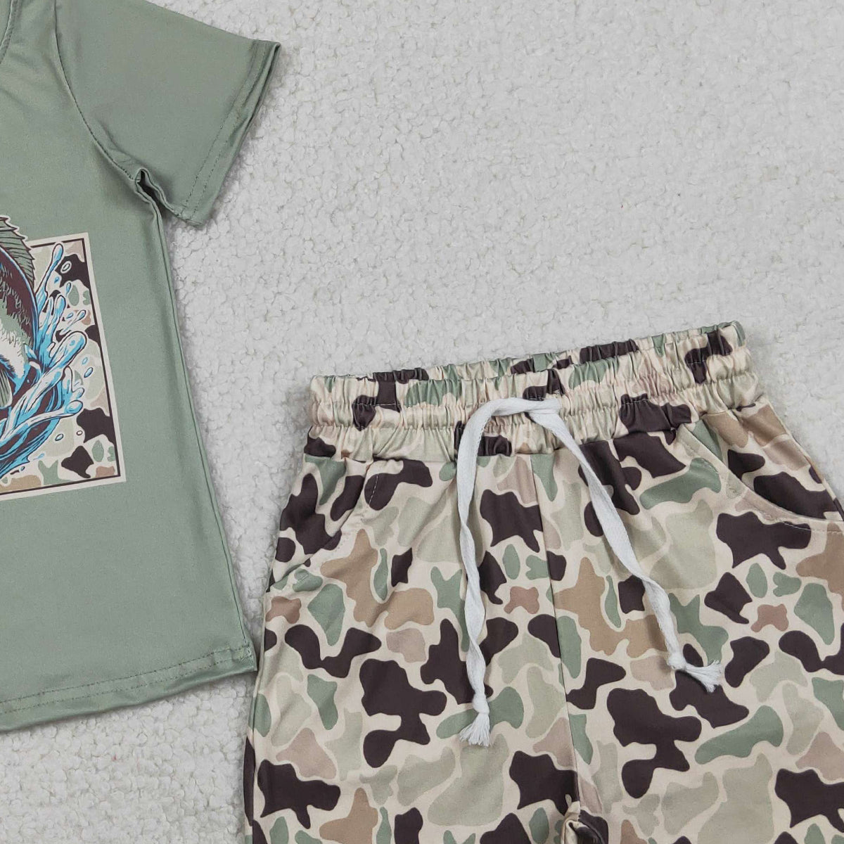 3.30 BSSO1835 Baby Boys Green Camo Fishing Top Pockets Shorts Hunting Clothes Sets