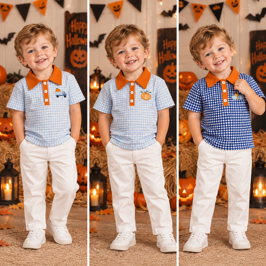 RTS NO MOQ Sibling milk silk Polos For Kids Boys Embroidery Pumpkin Print Plaid Button Short Sleeve Casual Top
