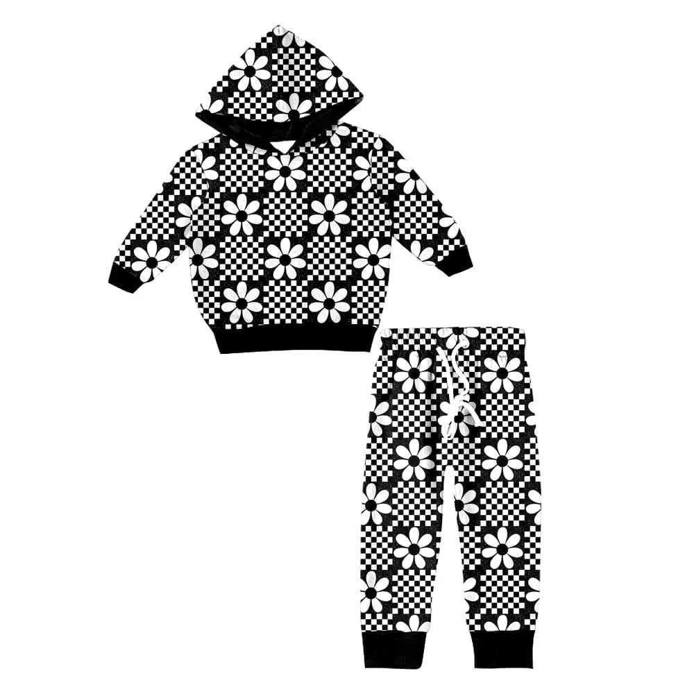 X11.21 Preorder (moq 5)Baby Girls Black Flowers Hooded Top Pants Clothes Sets