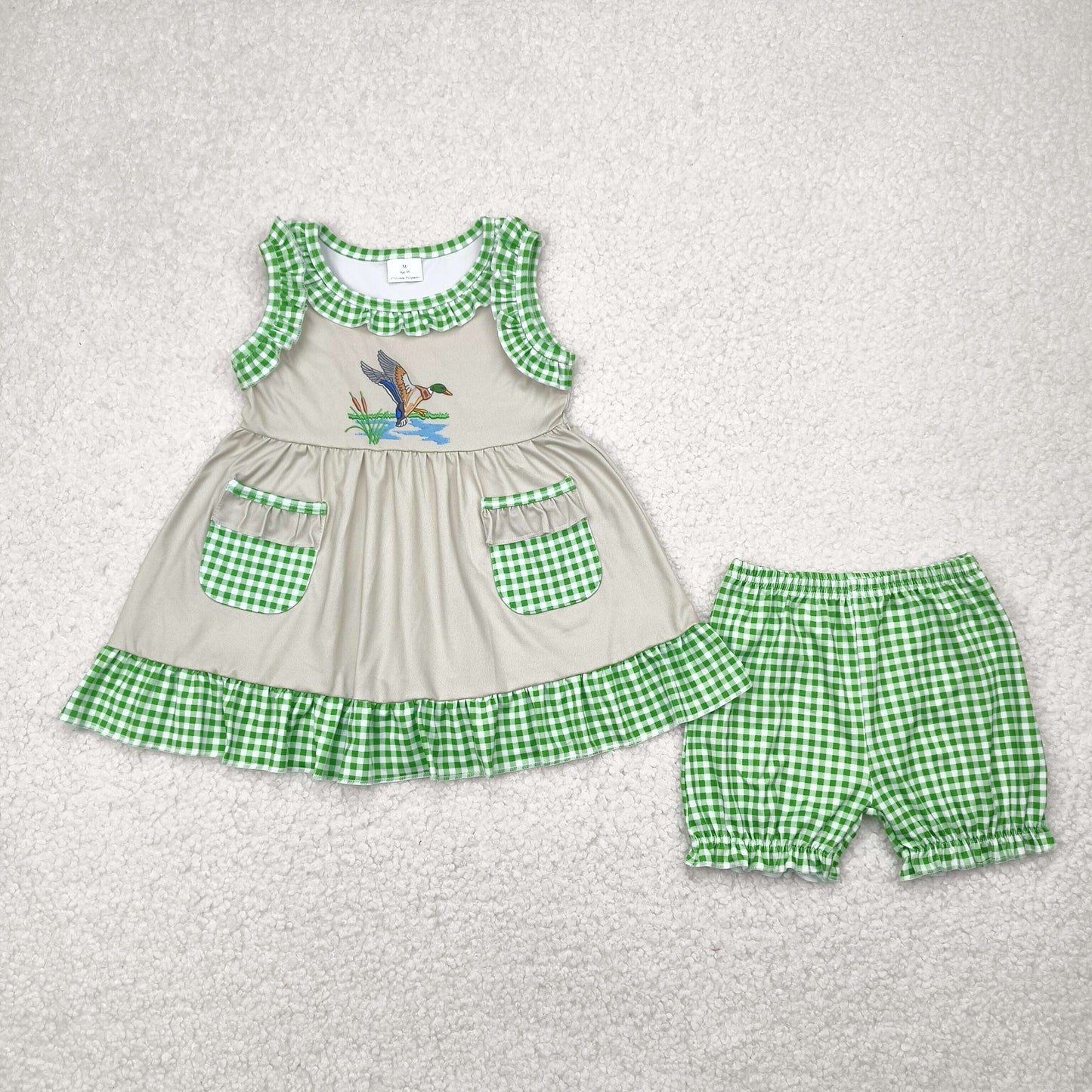 4.26 GSSO0848 Duck Green Plaid Lace Pocket Sleeveless Shorts Set