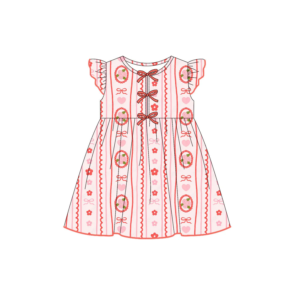 7.21Preorder (moq 5)Baby Girls Flutter Sleeves Pink Bows Flowers Stripes Knee Length Dresses