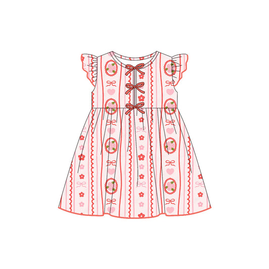 7.21Preorder (moq 5)Baby Girls Flutter Sleeves Pink Bows Flowers Stripes Knee Length Dresses