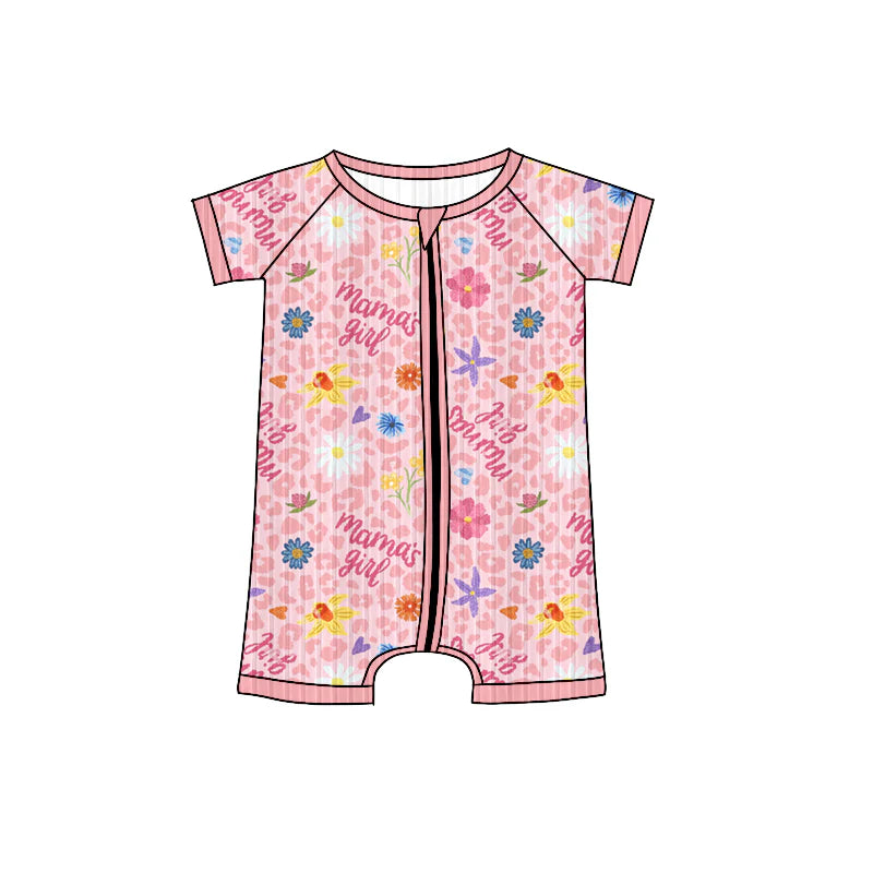7.15Preorder (moq 5)Baby Girls Long Sleeves Pink Short Sleeves Mama's Girls Flowers Zipper Romper