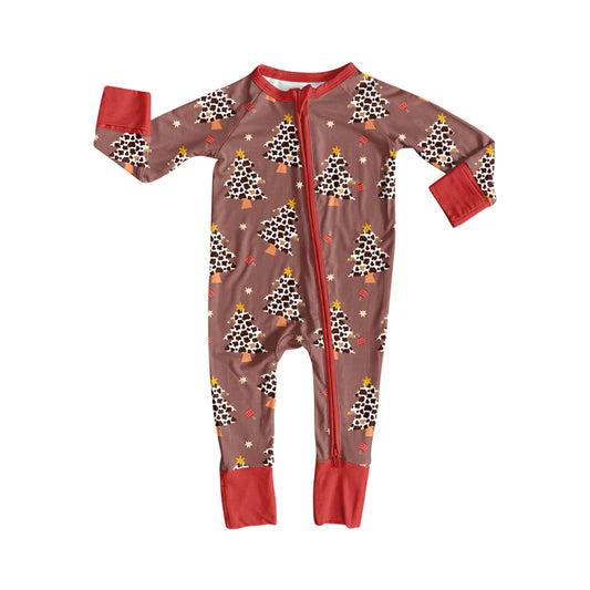 8.12Preorder(moq 5)Baby Girls Christmas Leopard Trees Zipper Footie Rompers