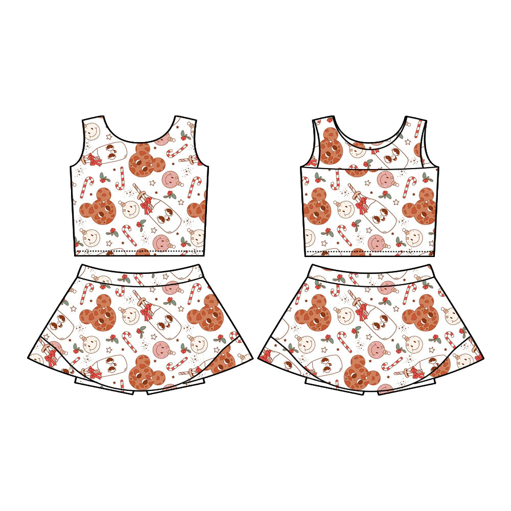 7.22Preorder (moq 5)Baby Girls Sleeveless Candy Cane Mouse Cookie Vest Top Skorts Set