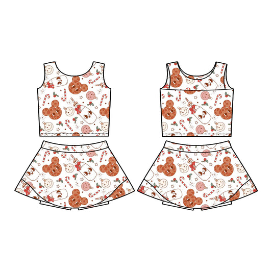 7.22Preorder (moq 5)Baby Girls Sleeveless Candy Cane Mouse Cookie Vest Top Skorts Set